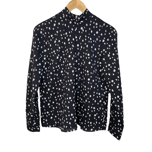 ecru Ross Mock Neck Long Sleeve Black White Spotted Blouse Size Small #3991WT - Picture 2 of 8